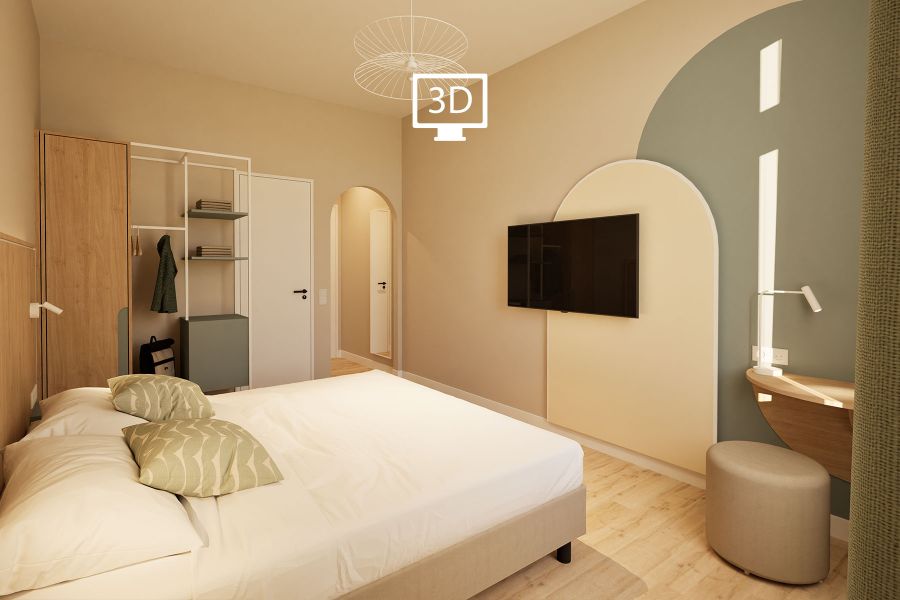 Hotelausstattung mit Schrank, Regal und Schreibtisch